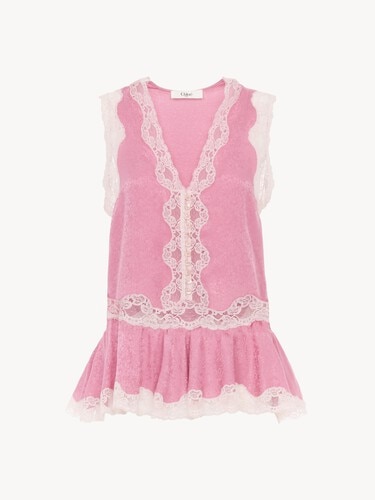 Sleeveless peplum top in silk jacquard & lace - 2