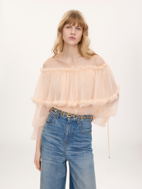 Off-the-shoulder puff-sleeve top in silk mousseline