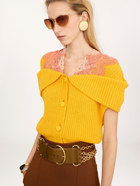 Cape cardigan in a cotton knit & lace