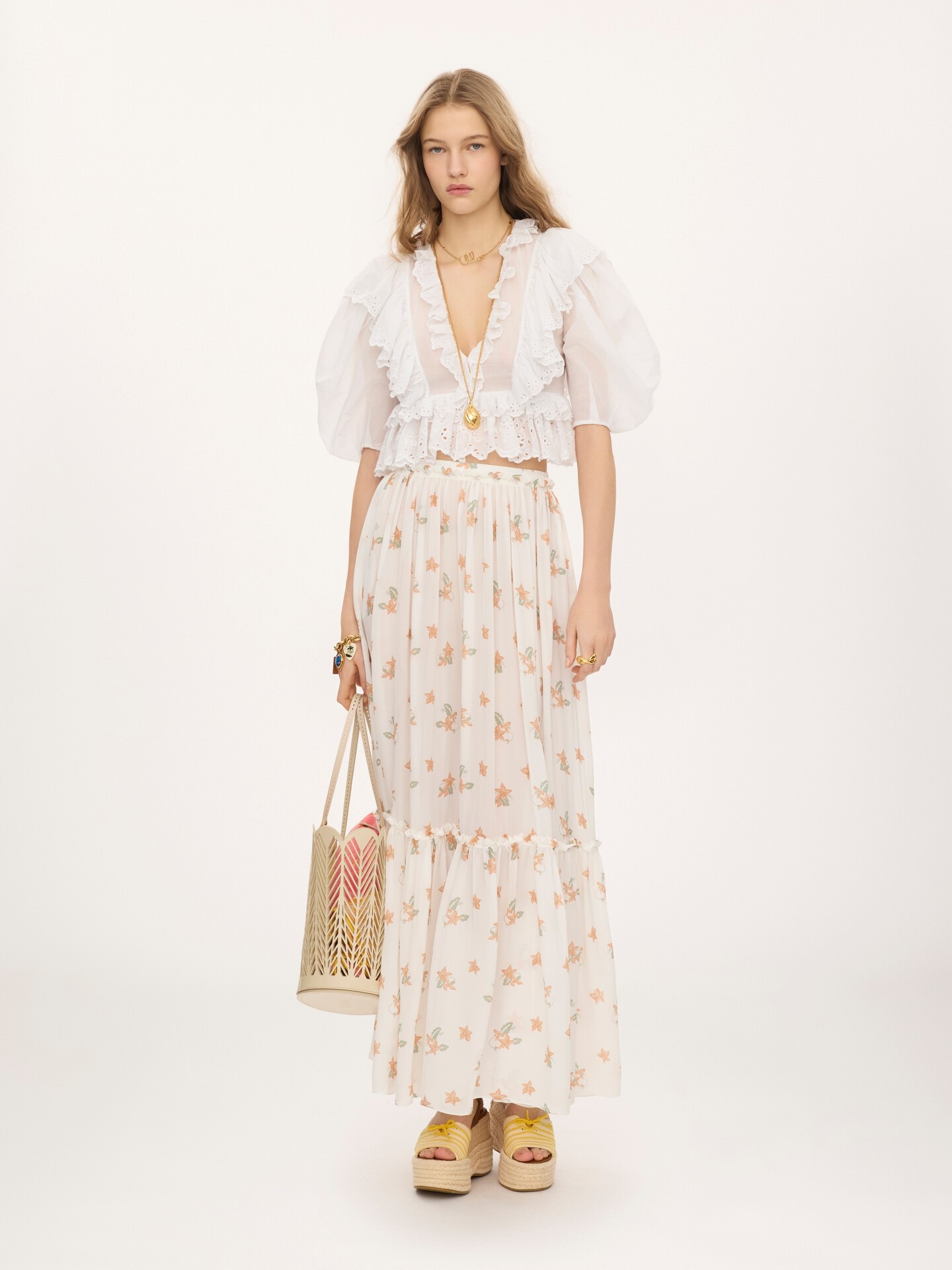 Gathered long skirt in silk charmeuse - 1.0