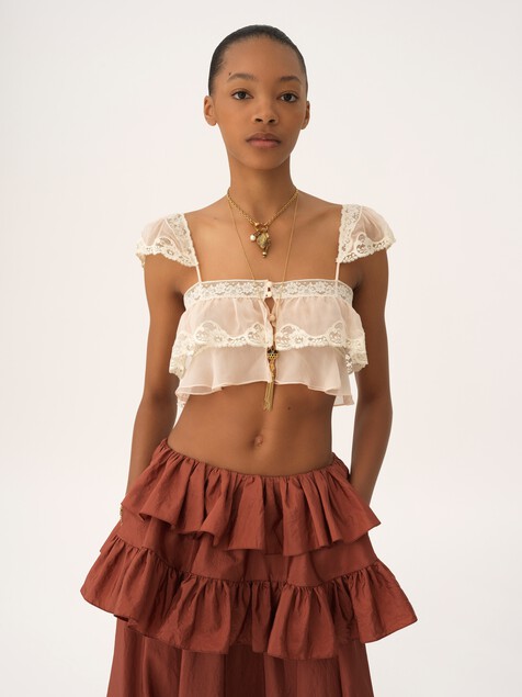 Ruffled bralette in silk mousseline & lace