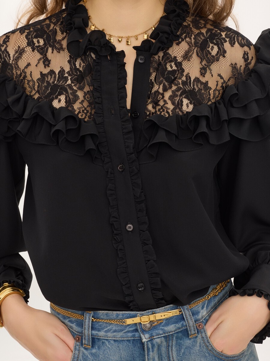 High-neck ruffled blouse in cr&ecirc;pe de chine & lace - 6