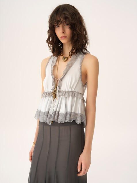 Tie-front sleeveless top in washed silk satin & lace