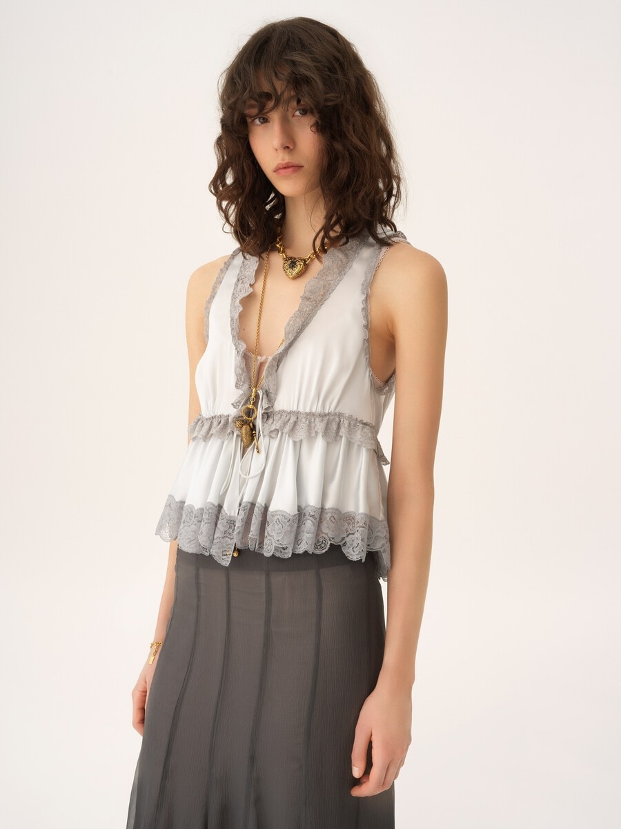 Tie-front sleeveless top in washed silk satin & lace - 4
