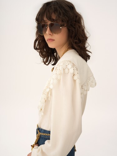 Maxi-collar blouse in silk jacquard & lace - 5