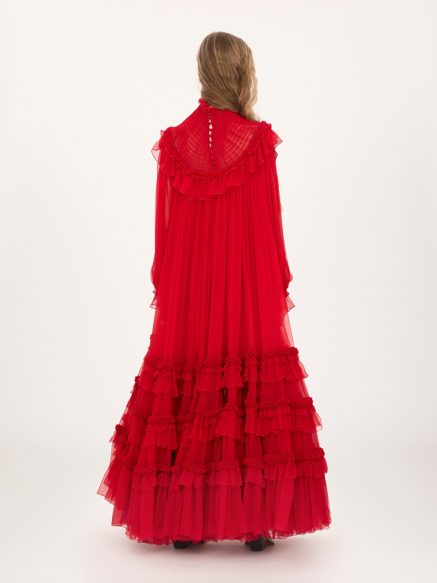High-neck ruffled long dress in silk mousseline - 6