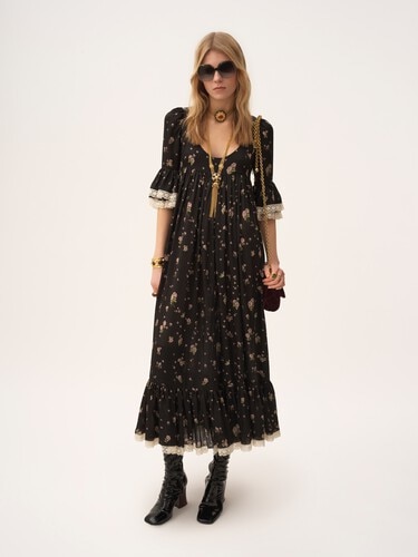 Scoop-neck midi dress in silk charmeuse & lace - 3
