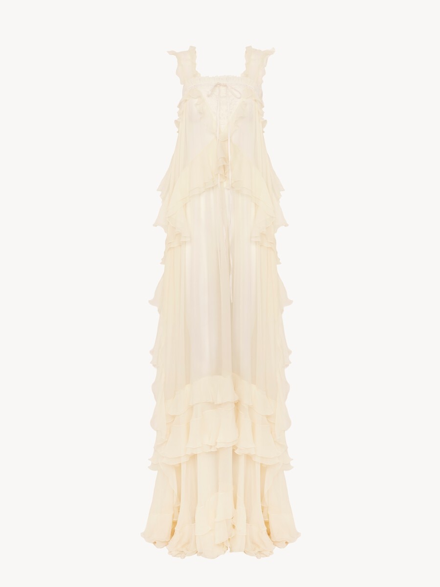 Sleeveless layered long dress in silk mousseline & lace - 2