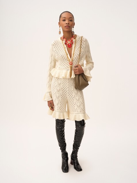 Ruffled logo cardigan in a silk, alpaca & cotton knit