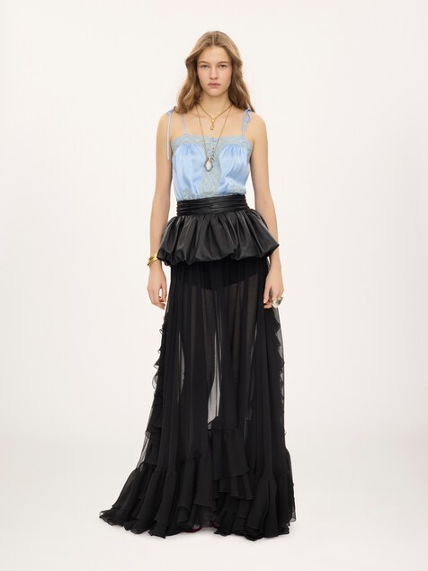 Ruffled long skirt in silk mousseline