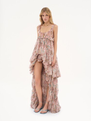 High-low ruffled dress in silk mousseline - 6