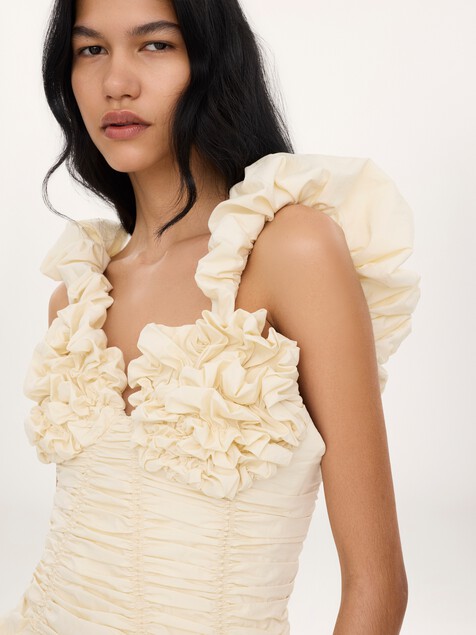 Ruched bustier midi dress in cotton poplin