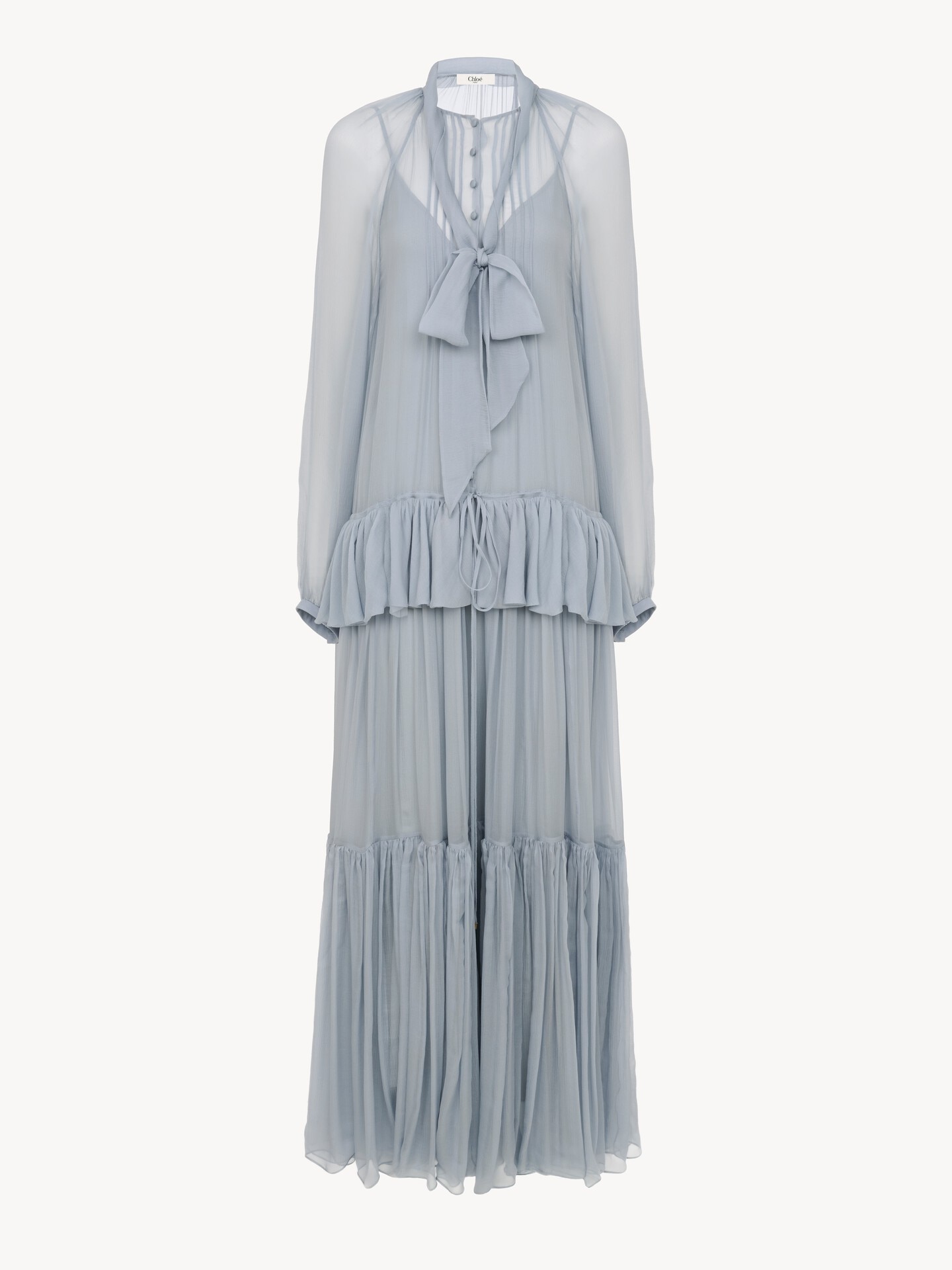 Fluid lavalli&egrave;re long dress in silk mousseline - 2.0