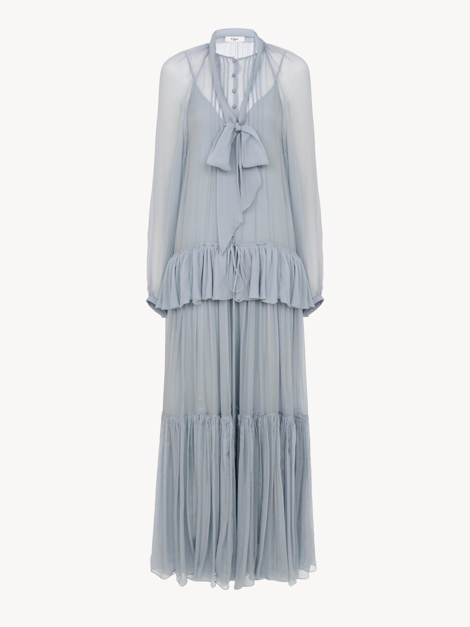 Fluid lavalli&egrave;re long dress in silk mousseline