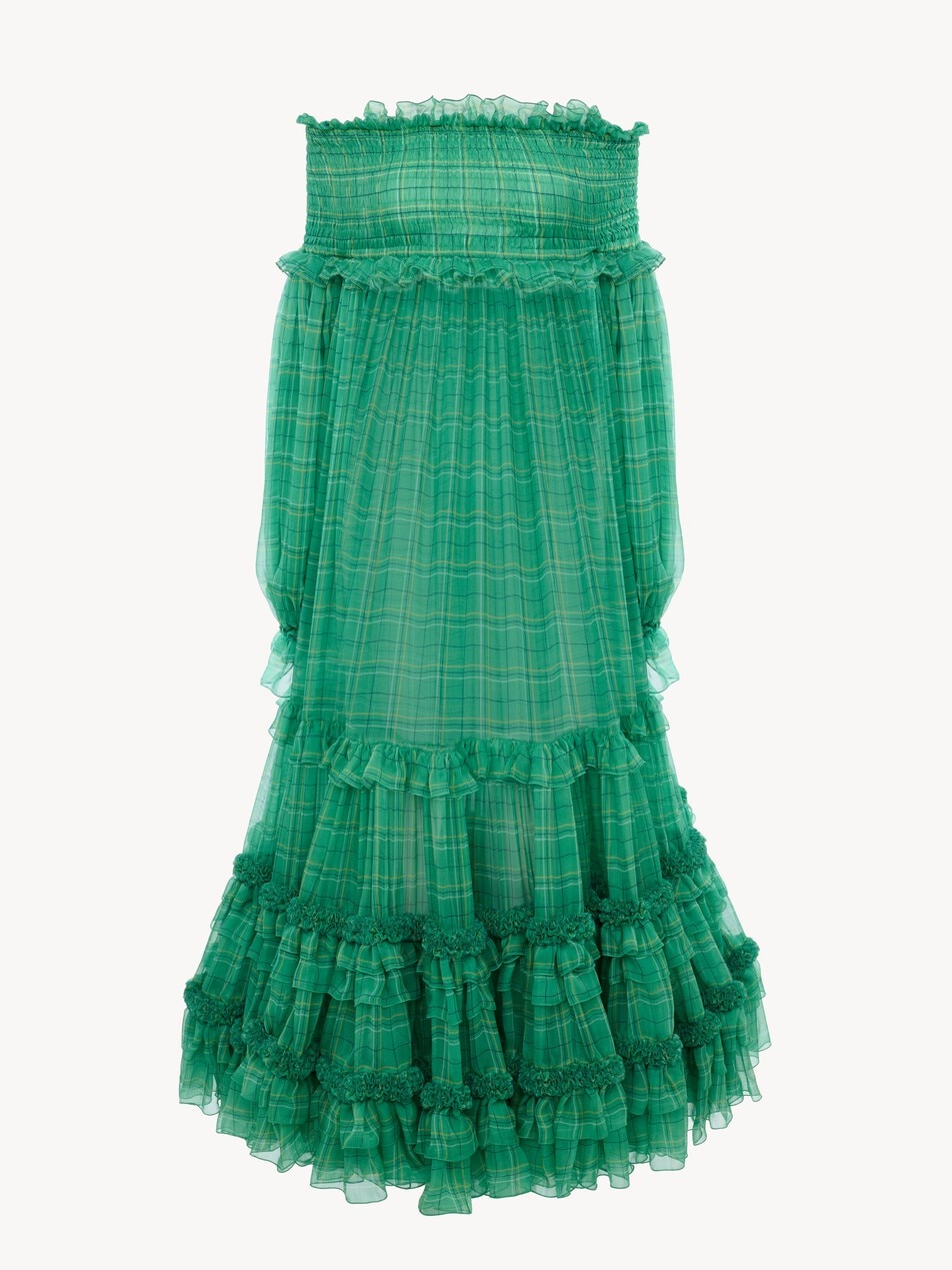 Off-the-shoulder long dress in check silk mousseline