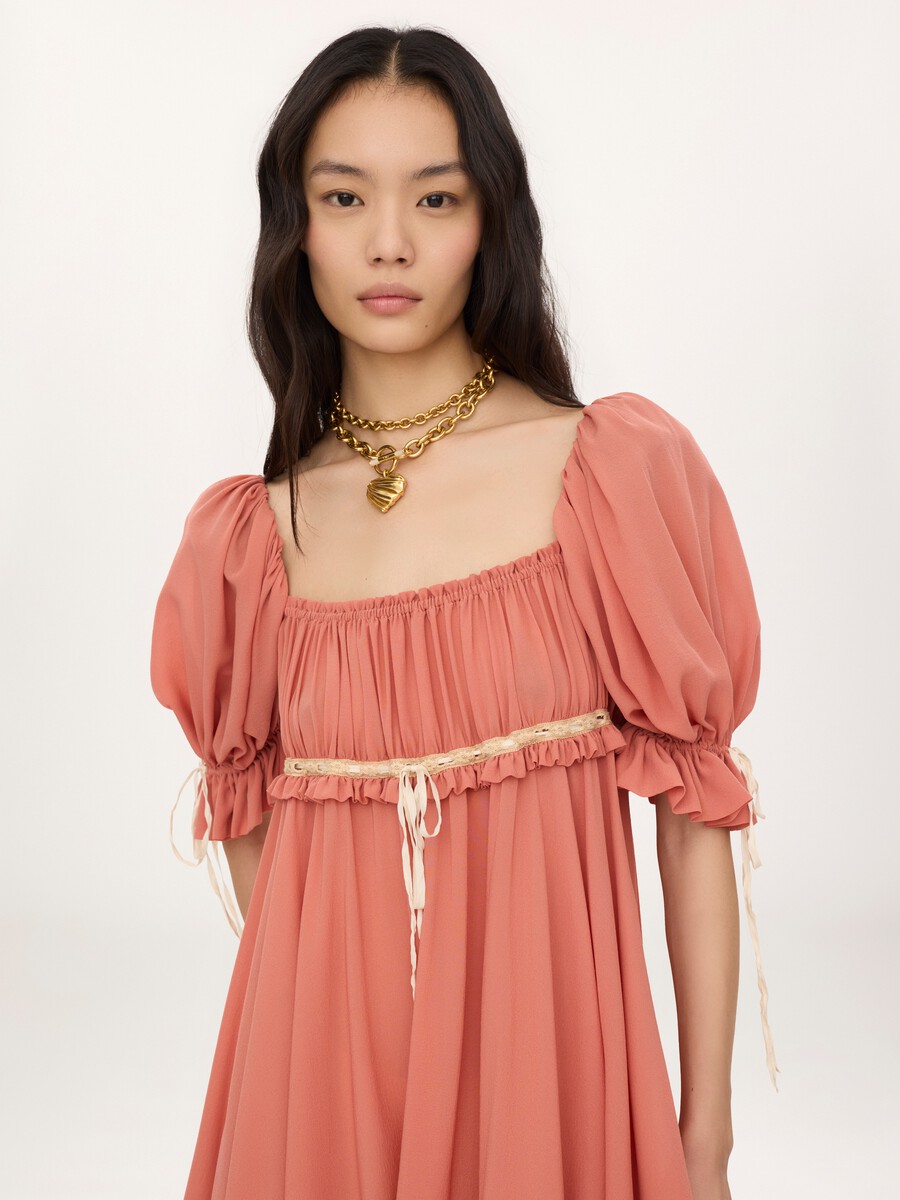 Puff-sleeve mini dress in silk georgette - 6