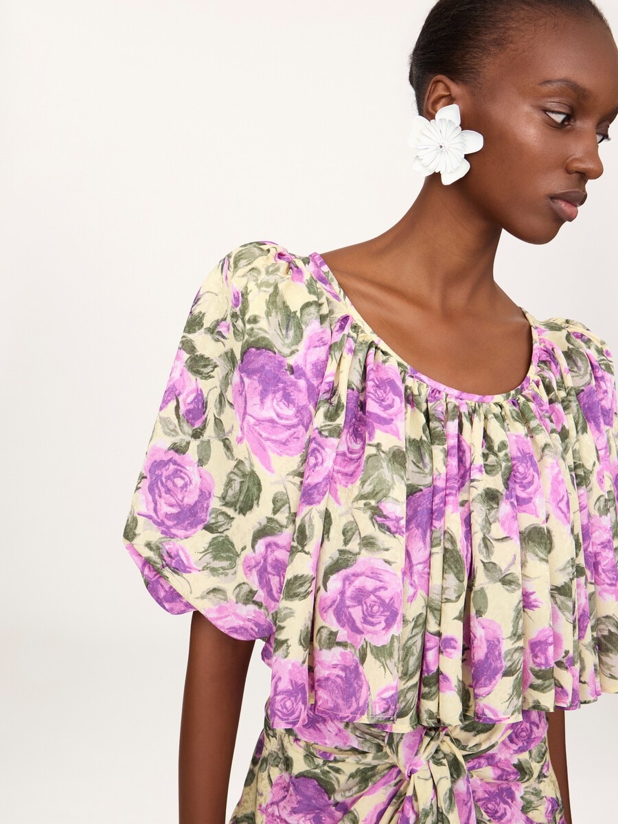 Top cropped con mangas abullonadas de jacquard de seda - 4