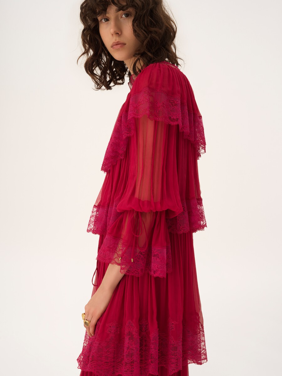 Long ruffled dress in silk mousseline & lace - 5