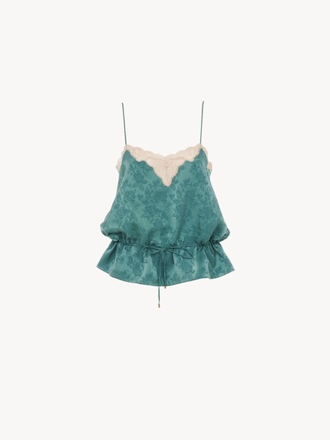 Drawstring camisole top in silk jacquard & lace