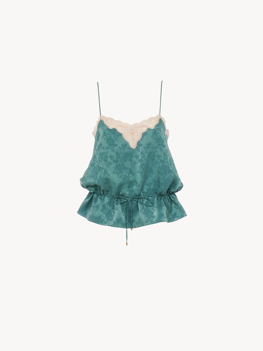 Drawstring camisole top in silk jacquard & lace - 2