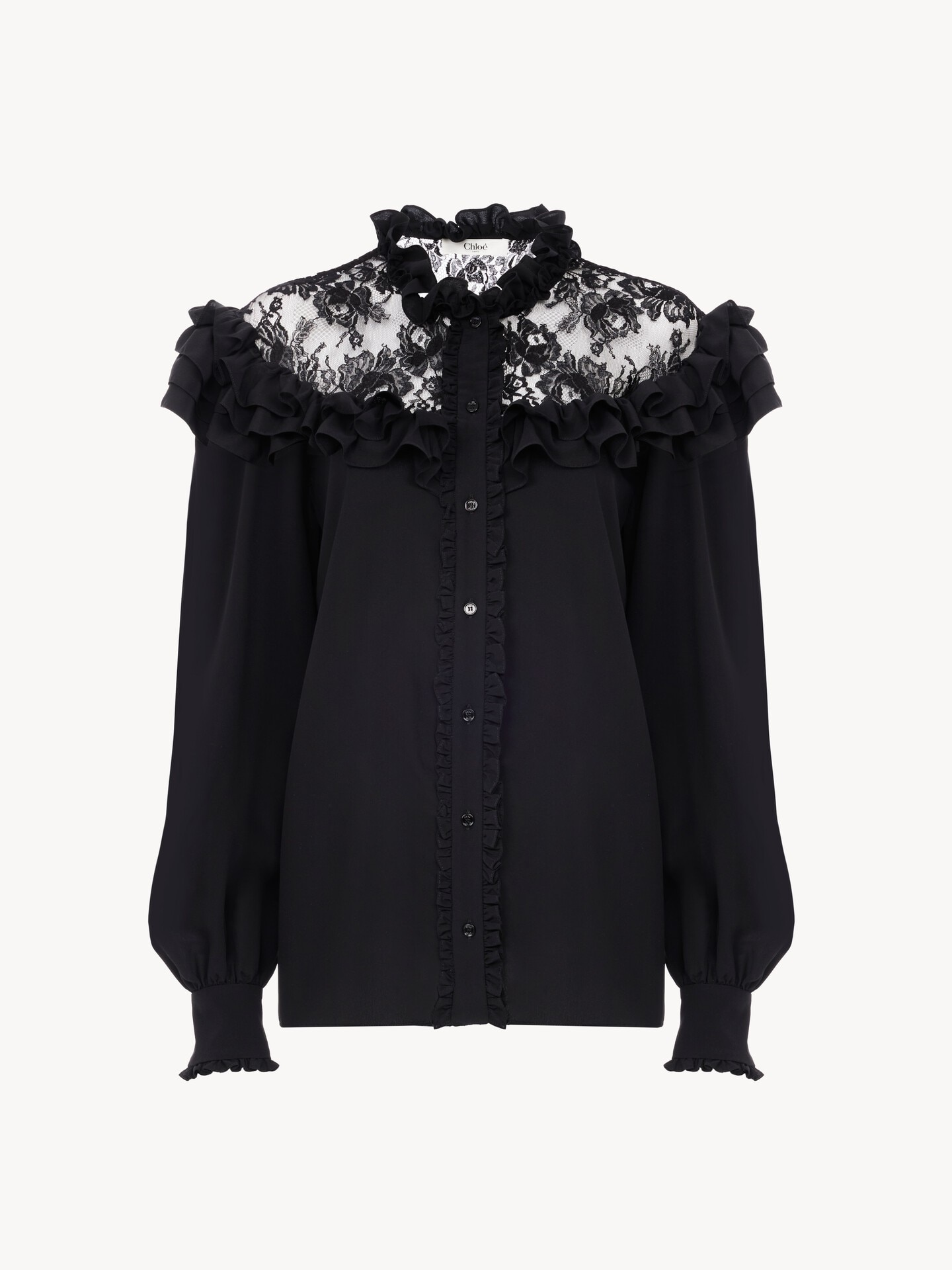High-neck ruffled blouse in cr&ecirc;pe de chine & lace - 2.0