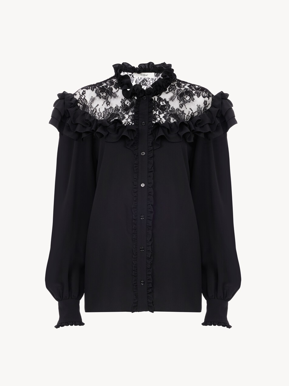 High-neck ruffled blouse in cr&ecirc;pe de chine & lace