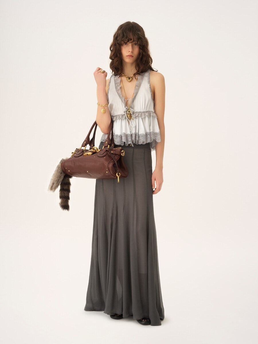 Tie-front sleeveless top in washed silk satin & lace - 3