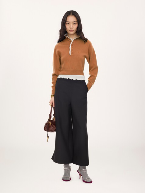 High-neck sweater in a wool knit & lace