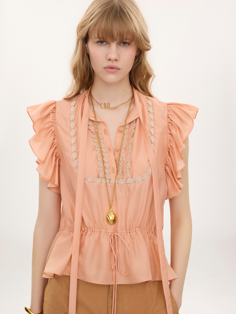 Short-sleeve ruffle top in washed silk habotai & lace - 3