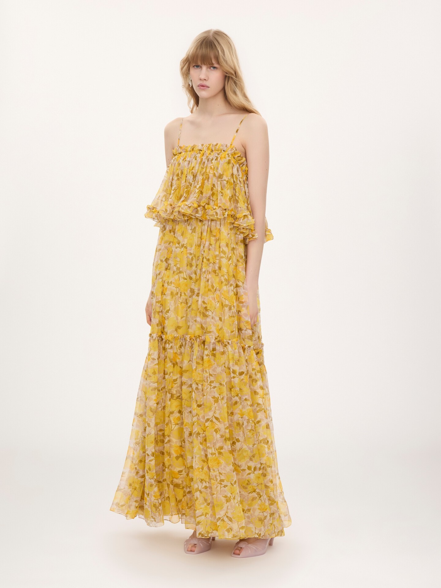 Thin-strap long dress in silk mousseline - 1.0
