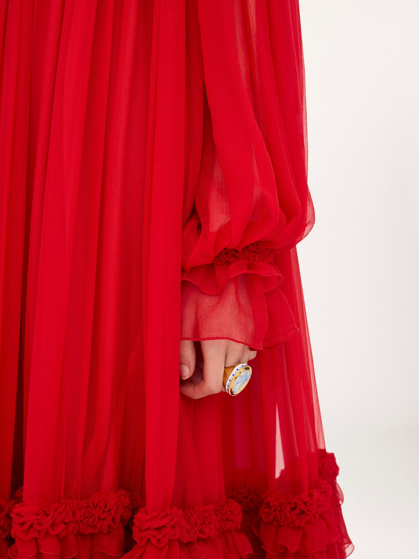 High-neck ruffled long dress in silk mousseline - 8.0