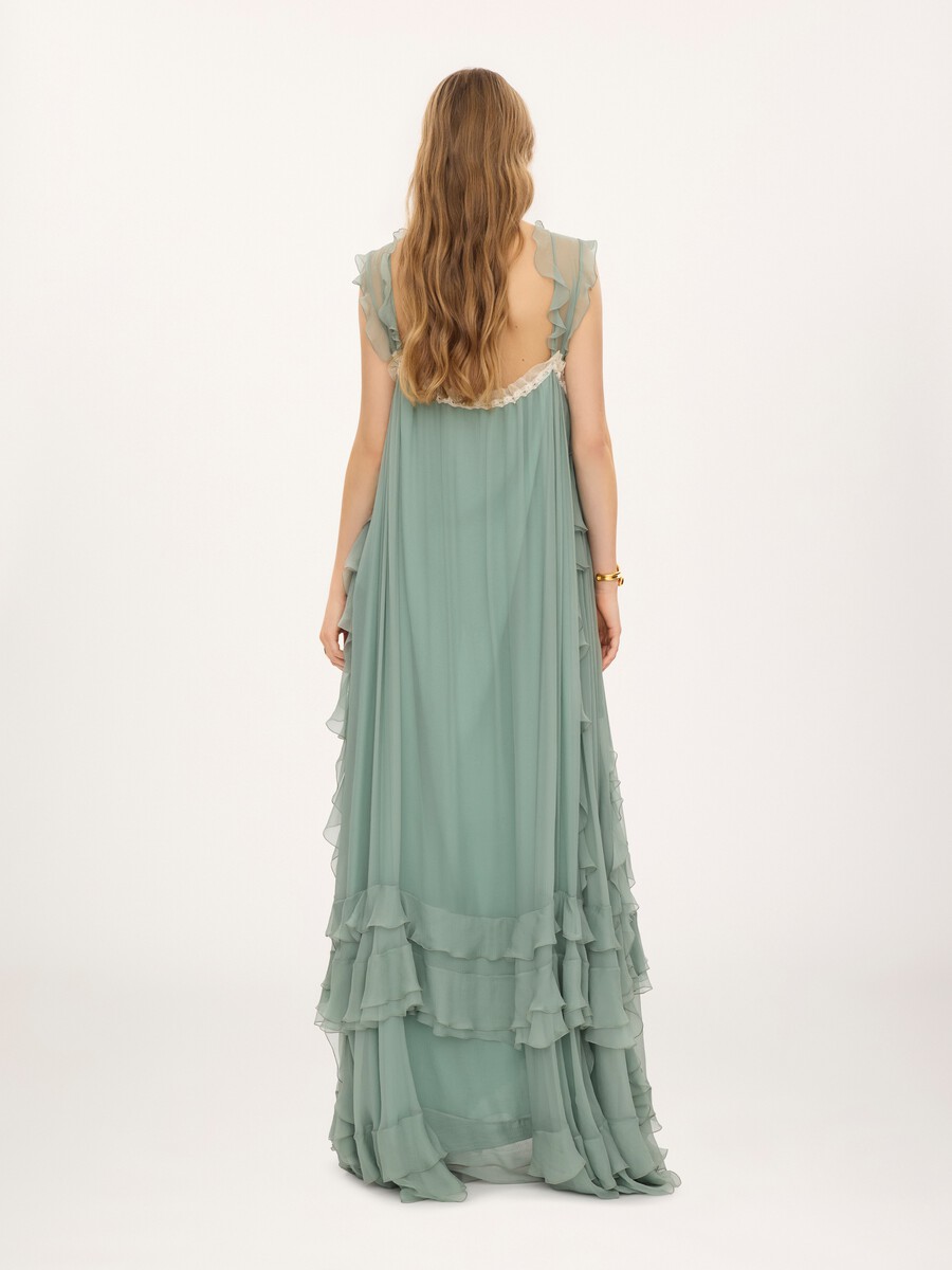 Sleeveless layered long dress in silk mousseline & lace - 5