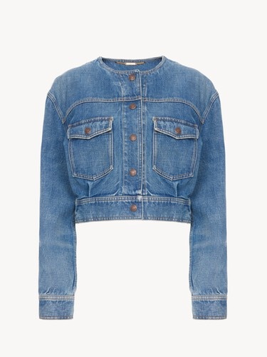 Collarless cropped jacket in denim - 2
