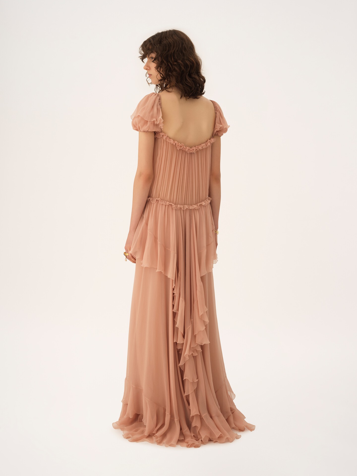 Gathered long ruffled dress in silk mousseline - 4.0