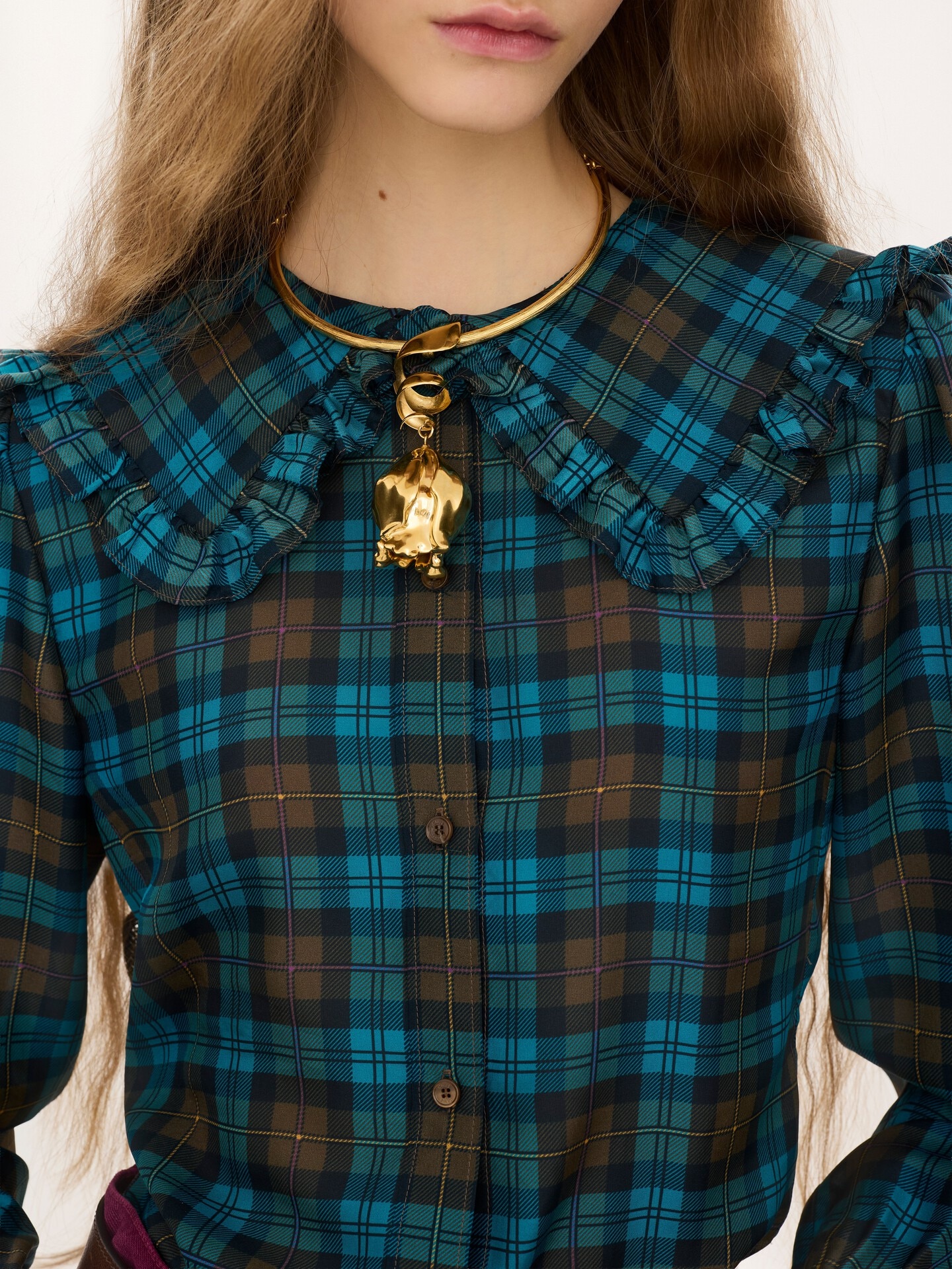 Ruffled lavalli&egrave;re blouse in check silk habotai - 5.0