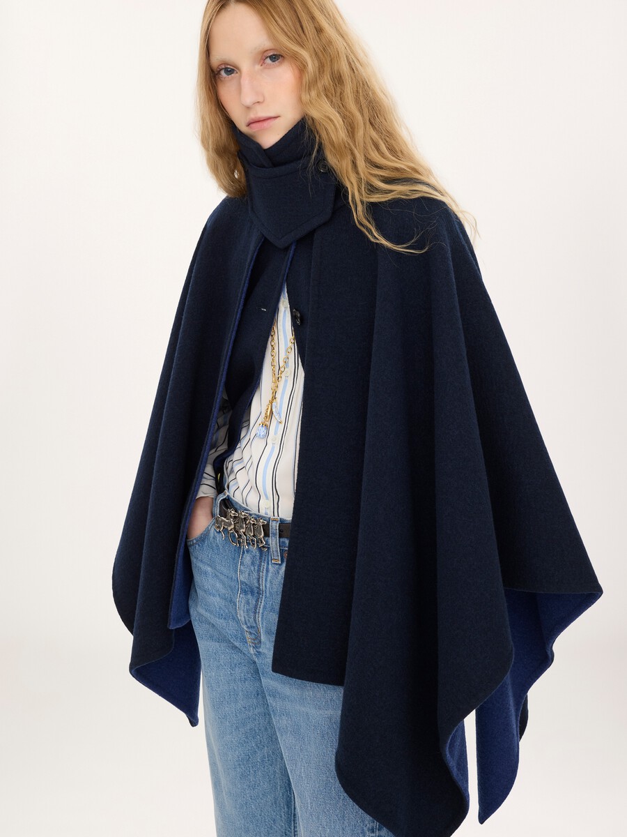Manteau cape court col montant en laine lav&eacute;e double face - 6