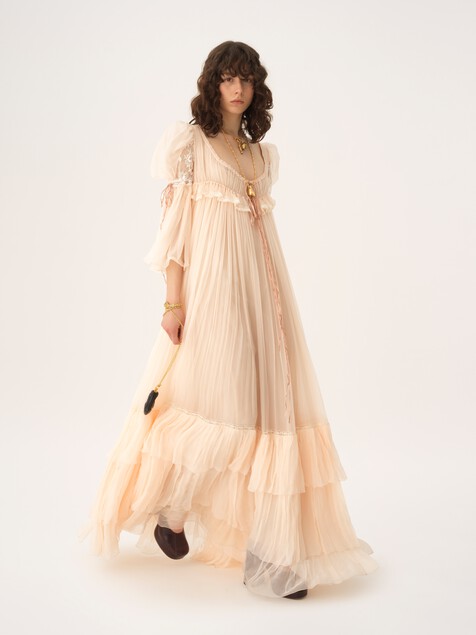 Oversized long ruffled dress in silk mousseline & lace