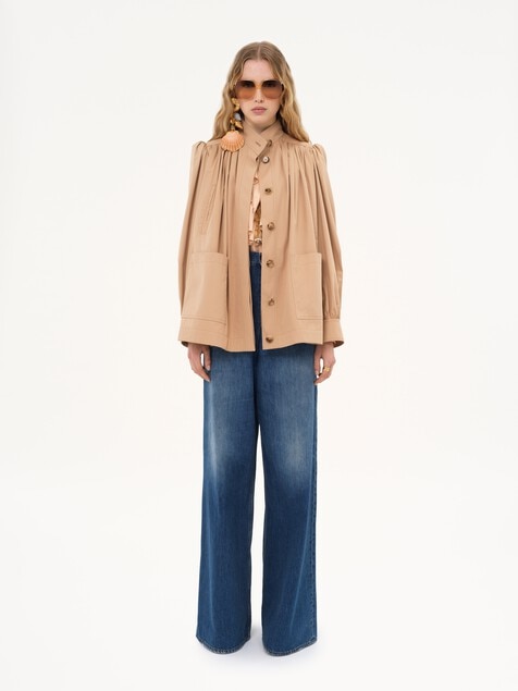 High-neck gathered jacket in cotton gabardine