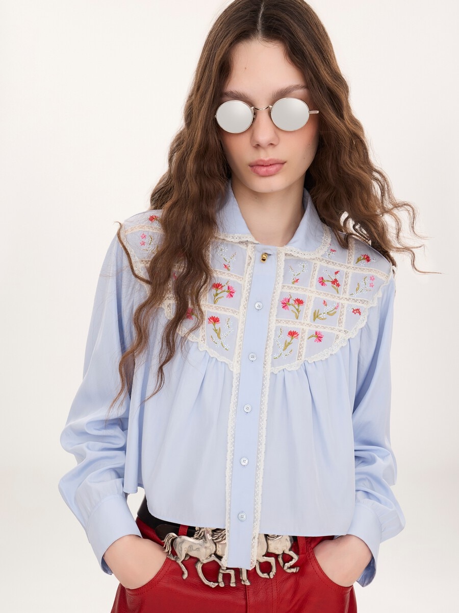 Cropped blouse in silk, cotton poplin & lace - 3