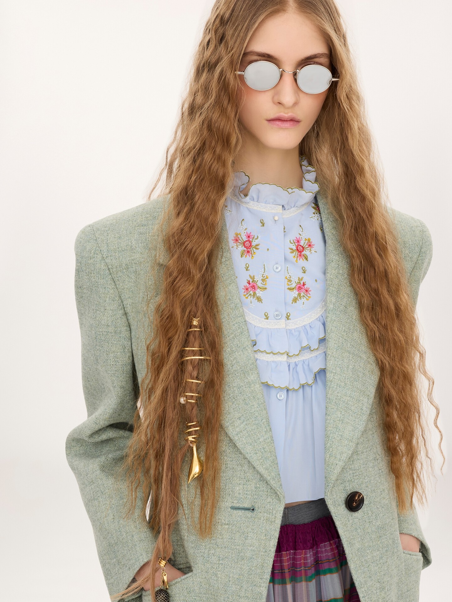 Veste blazer droite en laine chin&eacute;e - 7.0