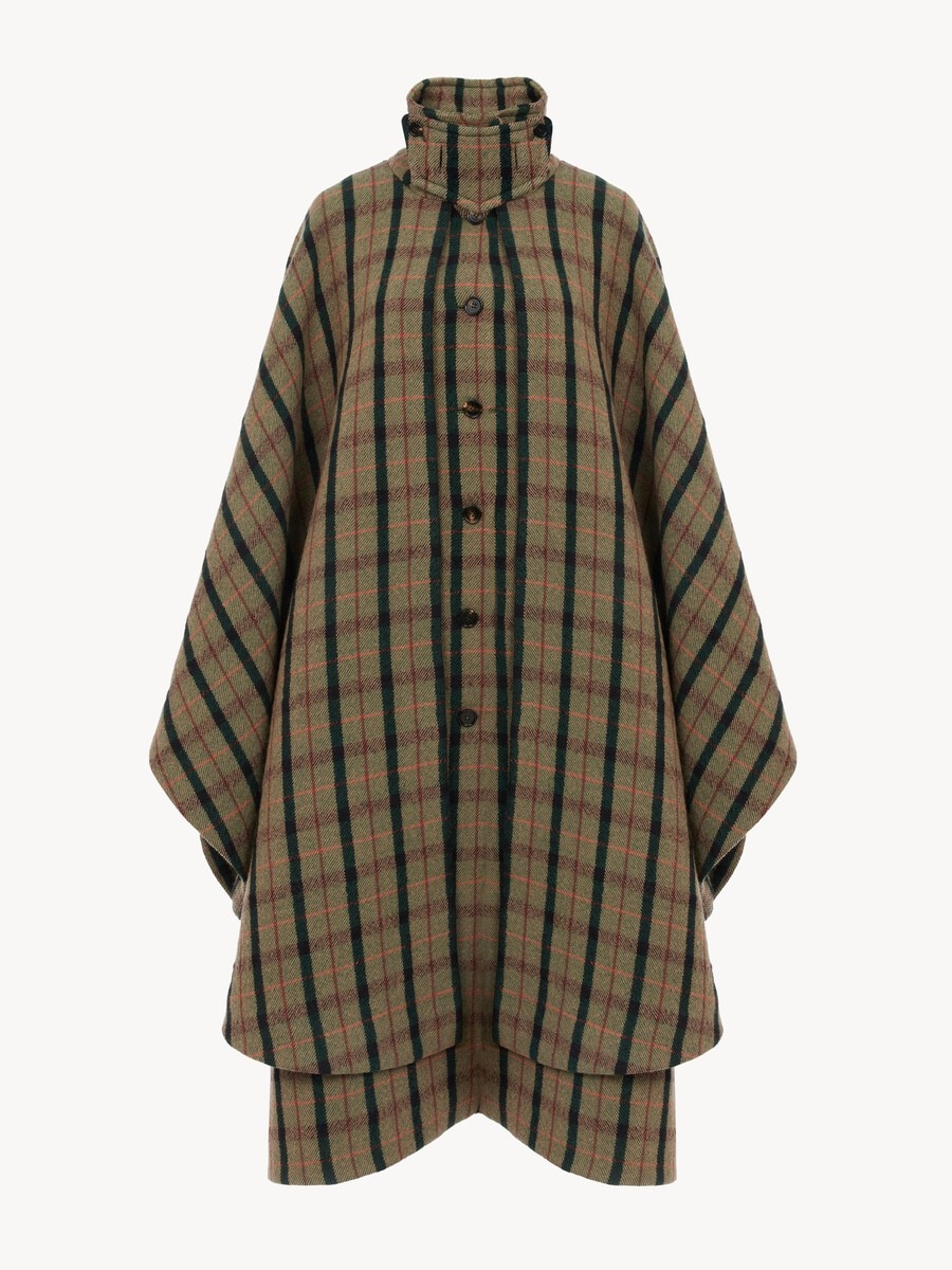 Manteau cape long &agrave; superpositions en laine bross&eacute;e &agrave; carreaux - 2