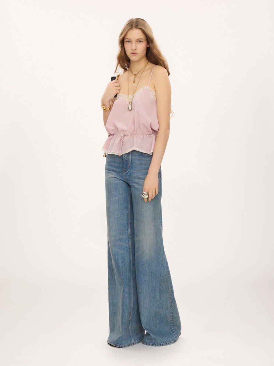 Drawstring camisole top in cr&ecirc;pe de chine & lace - 3