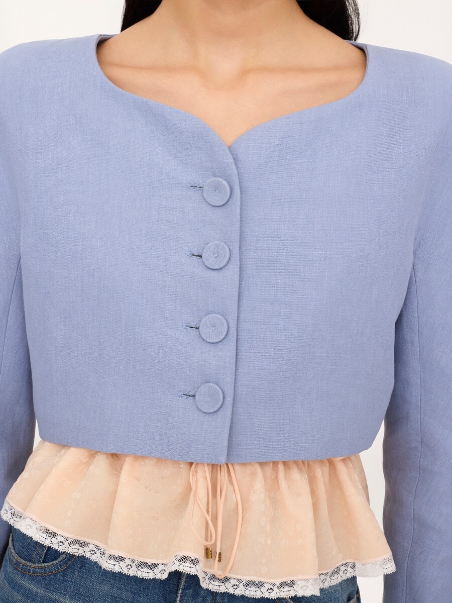 Cropped collarless jacket in linen cr&ecirc;pe - 6