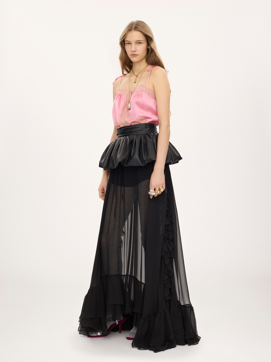 Drawstring camisole top in washed silk satin & lace - 3