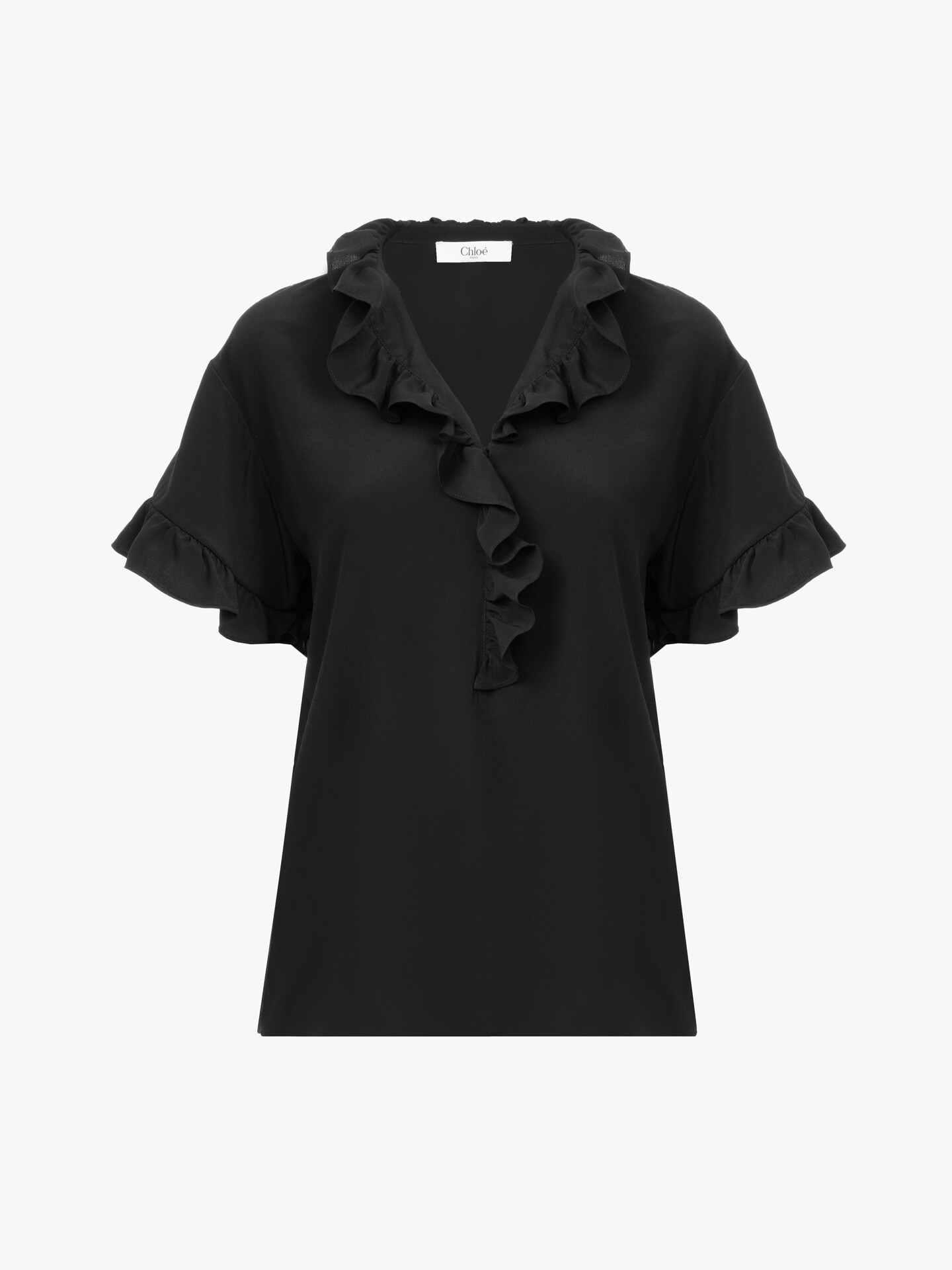 Short-sleeve ruffle top in cr&ecirc;pe de chine - 2.0