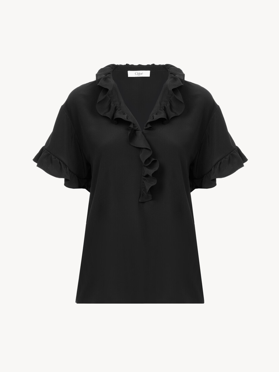 Short-sleeve ruffle top in cr&ecirc;pe de chine - Packshot