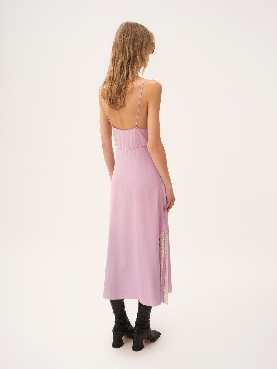 Thin-strap midi dress in cr&ecirc;pe de chine & lace - 5