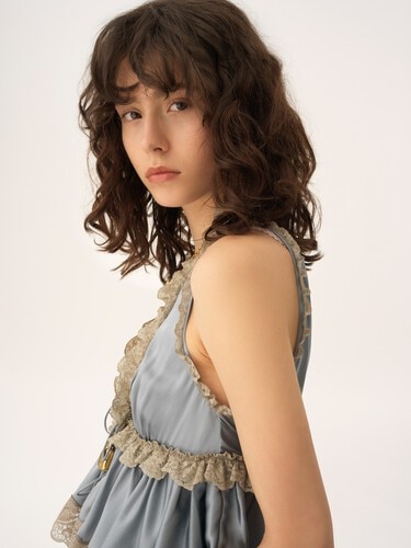 Tie-front sleeveless top in washed silk satin & lace - 6