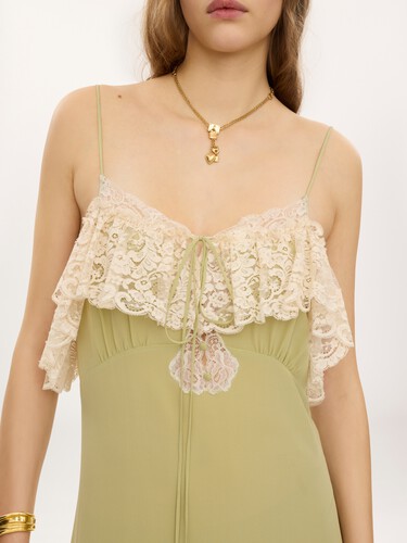 Thin-strap long dress in cr&ecirc;pe de chine & lace - 4