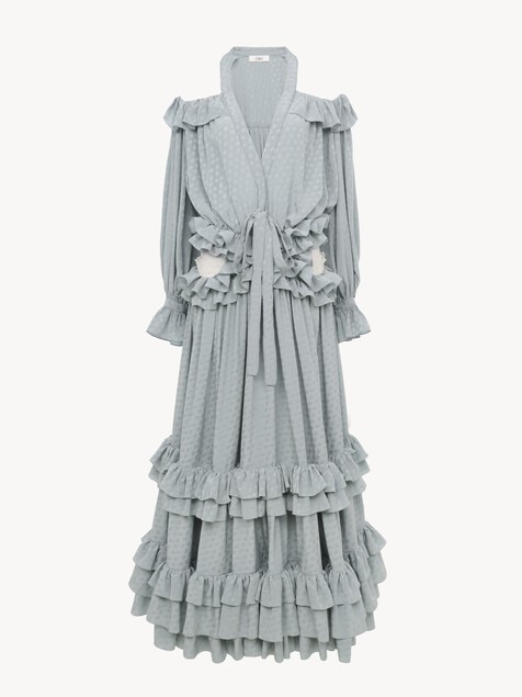 Cut-out long ruffled dress in silk jacquard